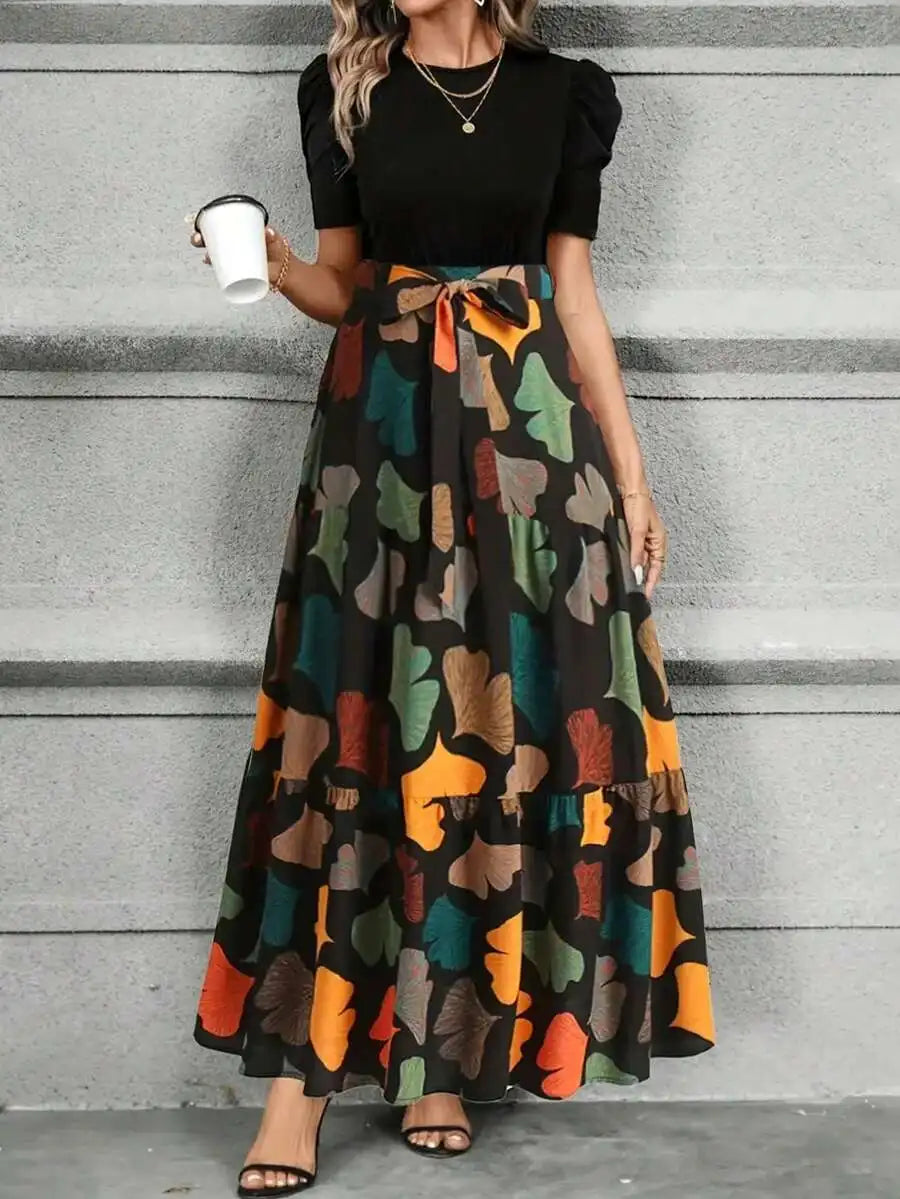Elegant A-Line Dress with Puff Sleeves, Bow Waist, Leaf Print, Round Neck, Lightweight for Spring Summer