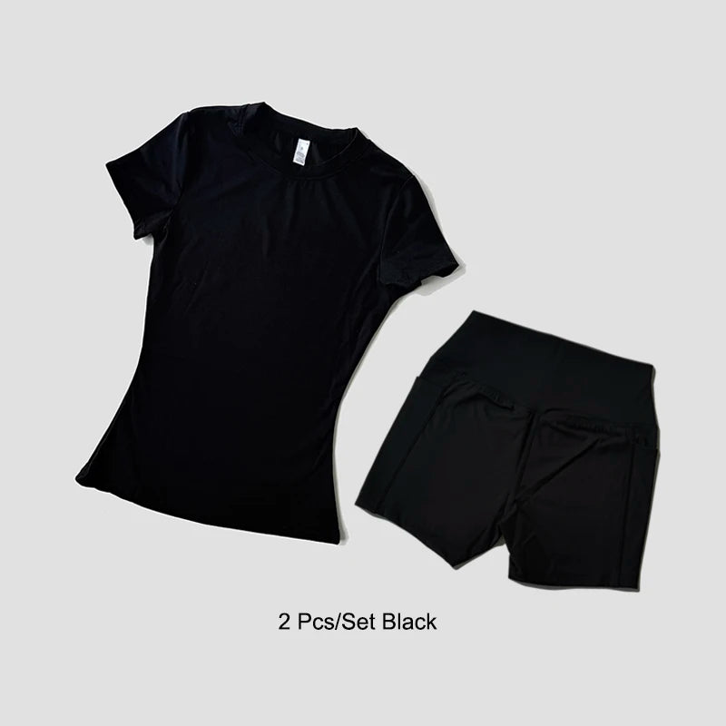 Women's Sports Yoga Set Seamless Knitted Fitness Gym Clothes Sportswear Short Sleeve Crop Top