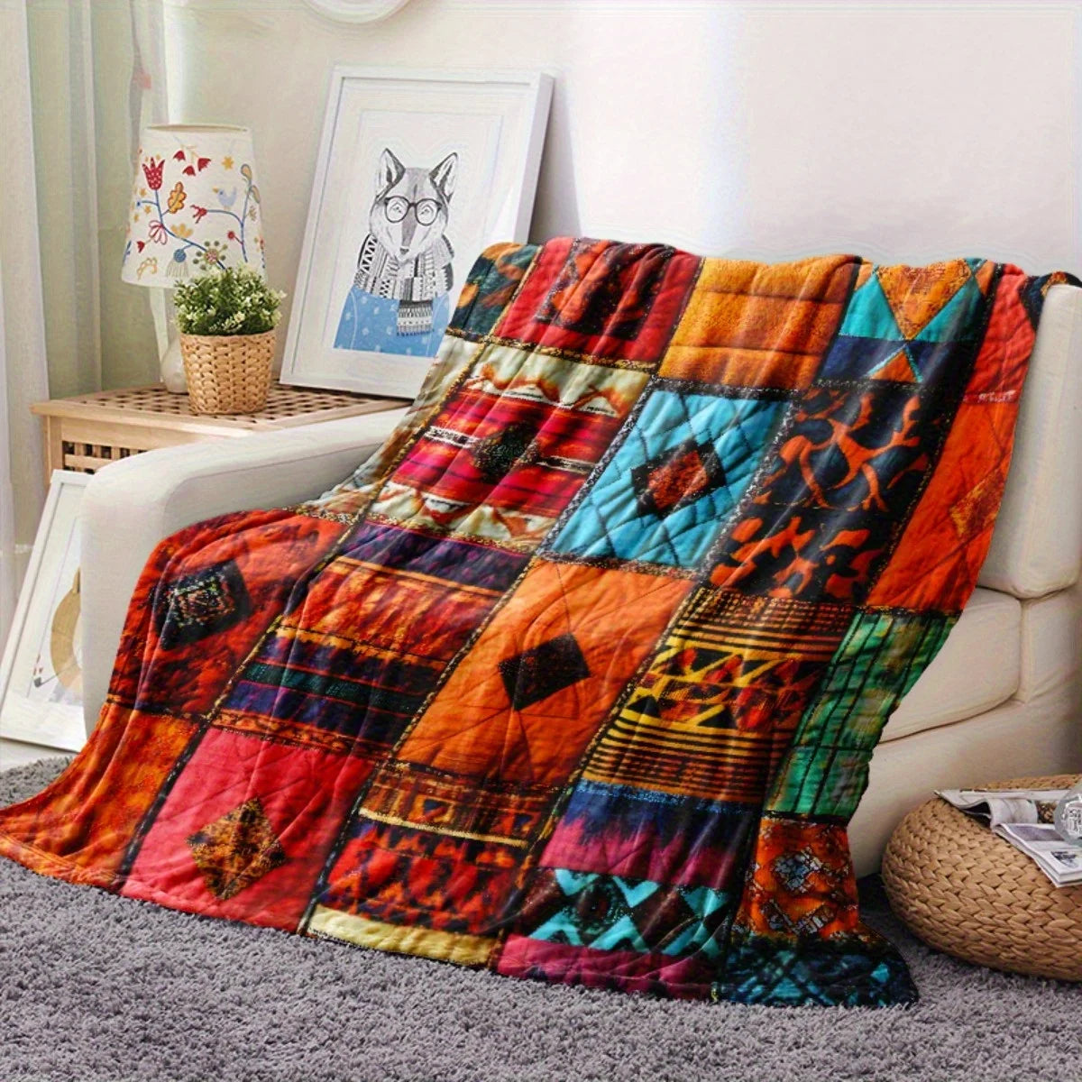 Bohemian Patchwork Quilt Vibrant Ethnic Geometric Floral Flannel Blanket