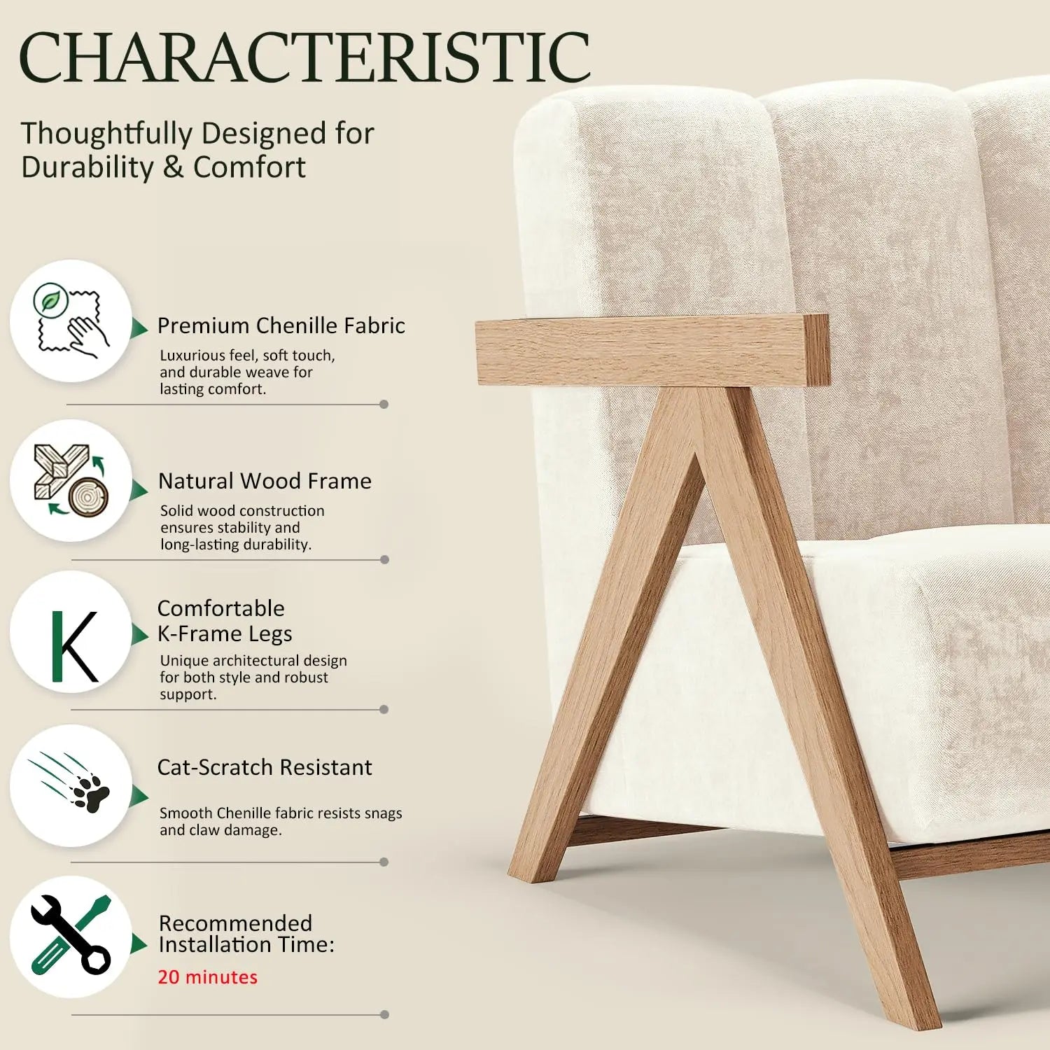 Chenille Accent Chair Set,Upholstered Wood Frame Lounge High-Elastic Sponge for Living Room Bedroom 2pcs,Custom