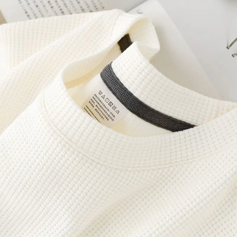 Waffle Short Sleeved T-shirt  Round Neck Half Sleeved Top Loose Casual Solid