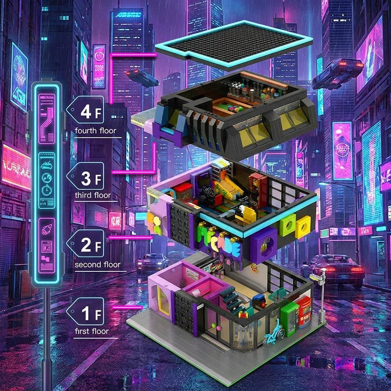 Arcade Room Cyberpunk Building With Lighting City Architecture Modular Building Blocks Assembly Model Kit 2600PCS
