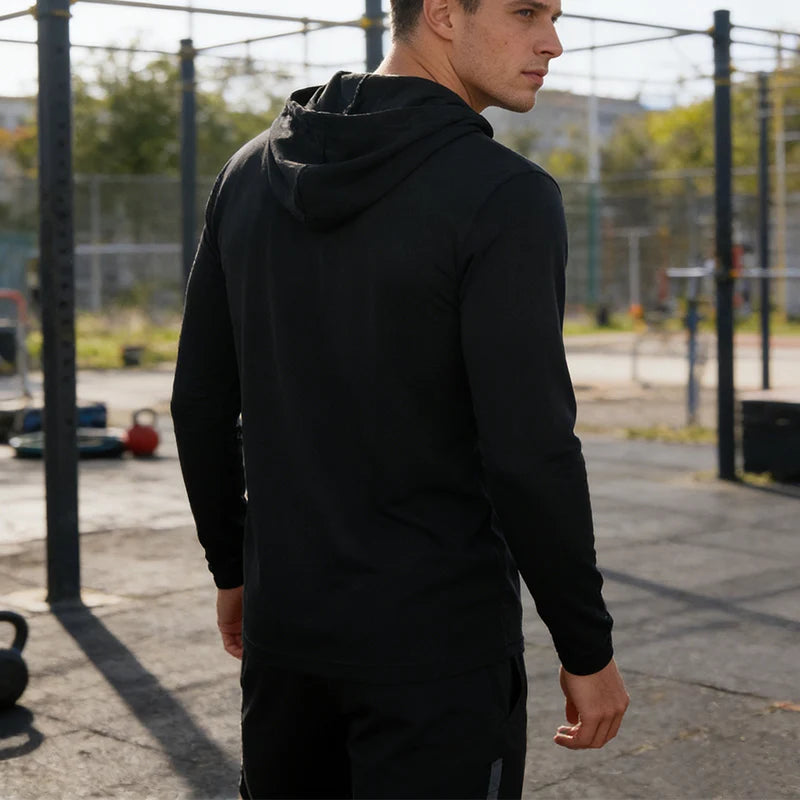 T-shirt Sports Long Sleeved Shirts Hooded Solid Color Breathable Casual Shirt Suitable for Running And Fitness