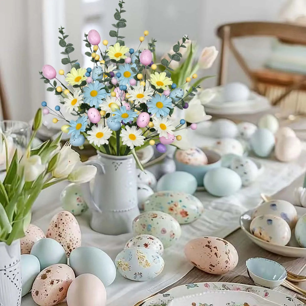 Pastel Easter Artificial Flower Bouquet - Plastic Faux Floral Arrangement with Eggs and Berries