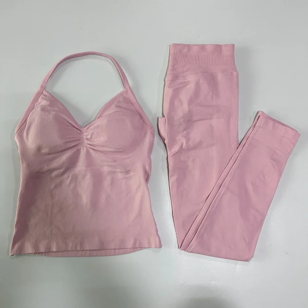 No Logo Seamless Gym Set Women Tank Tops High Waist Yoga Leggings Fitness Clothes Workout Sets Gym Suit Activewear