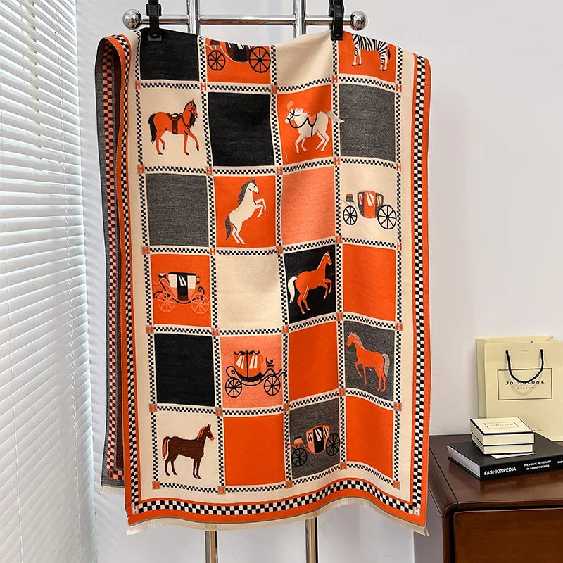 Poncho Cashmere Winter Women Scarf Horse Print Shawl Wrap