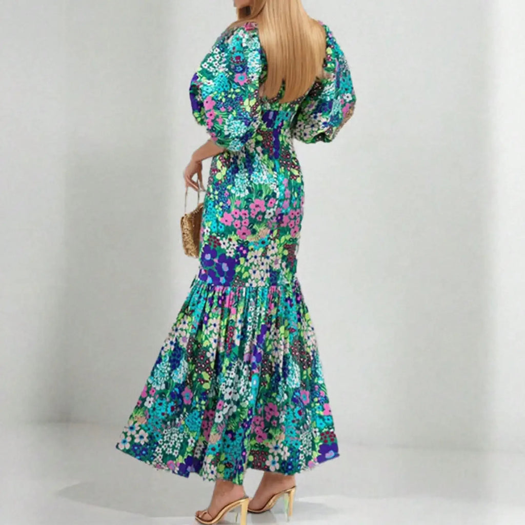 Women Dress European American Style High Waist Slim Fit Printed Pleated Long Skirt Fashionable Casual Evening