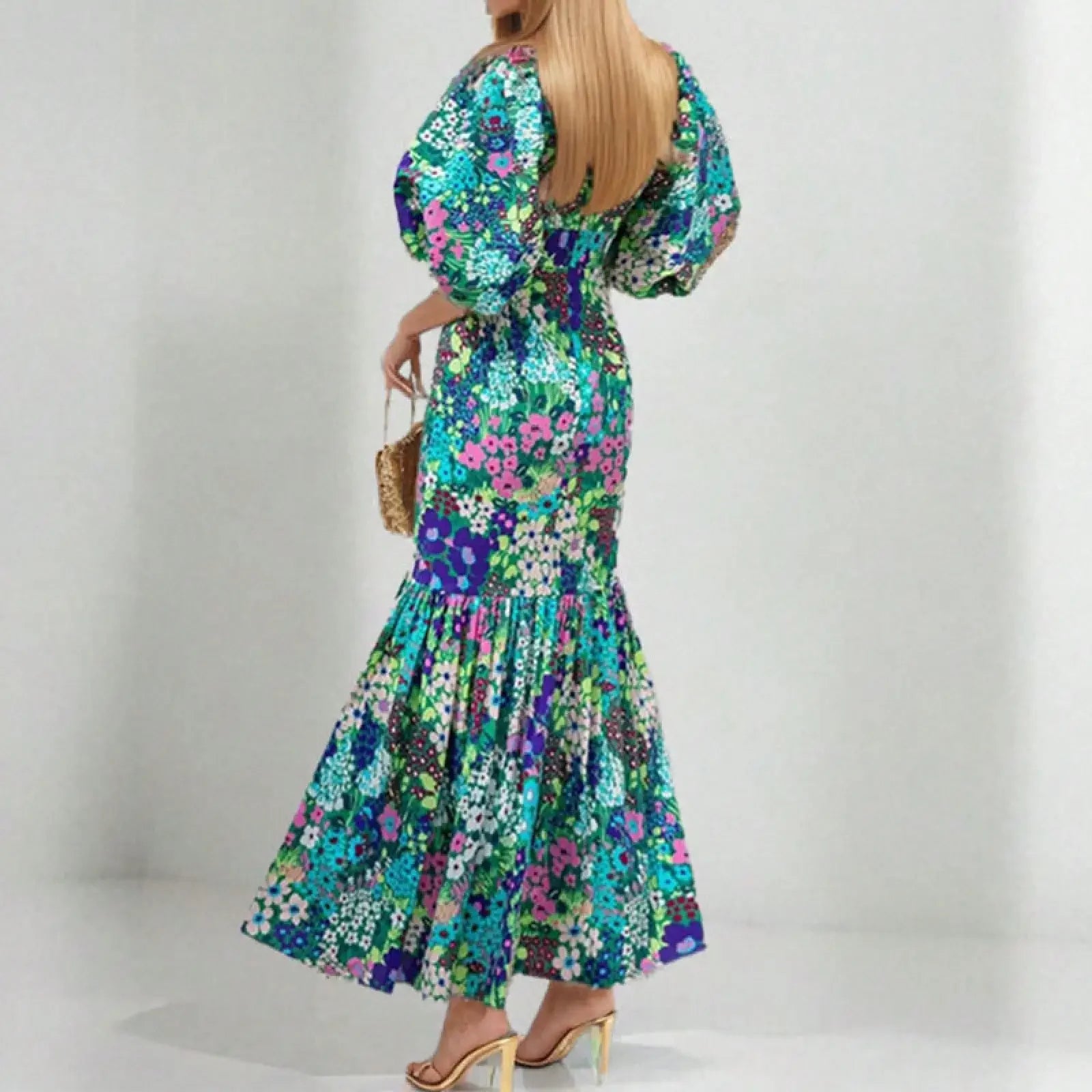 Women Dress European American Style High Waist Slim Fit Printed Pleated Long Skirt Fashionable Casual Evening