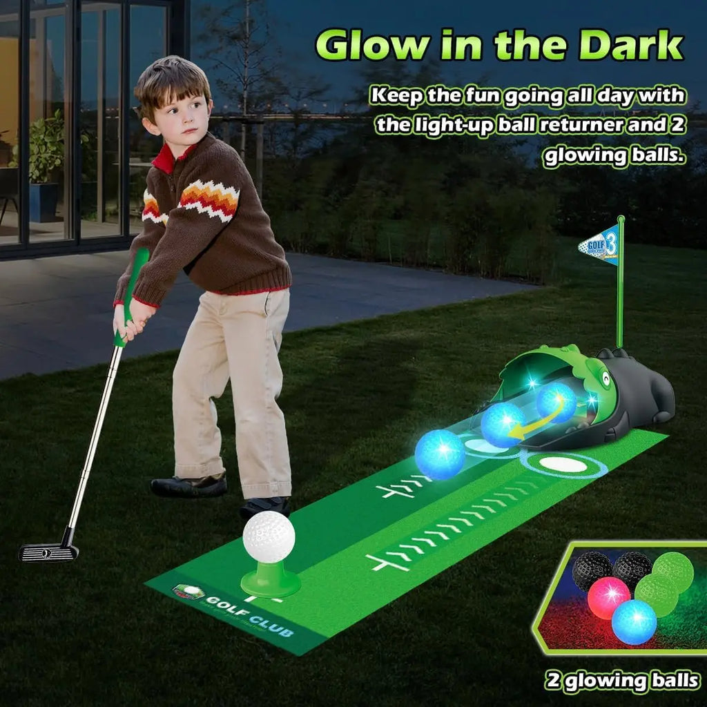 Kids Toy Golf Set Auto Returner Night Light Golf Balls Mat Toddler Mini Golf Game Indoor Outdoor