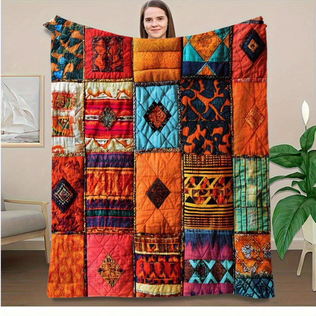 Bohemian Patchwork Quilt Vibrant Ethnic Geometric Floral Flannel Blanket