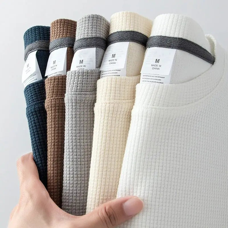 Waffle Short Sleeved T-shirt  Round Neck Half Sleeved Top Loose Casual Solid