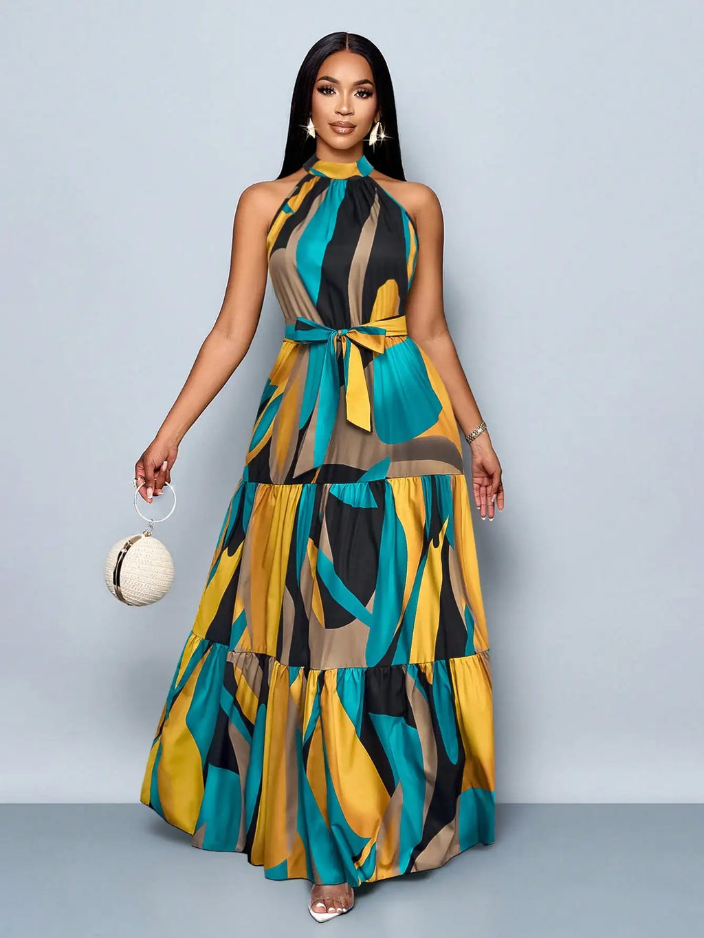 Women's Halter Neck Floral Print Tiered Maxi Dress With Belt Flowy Vacation Dress