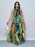 Women's Halter Neck Floral Print Tiered Maxi Dress With Belt Flowy Vacation Dress