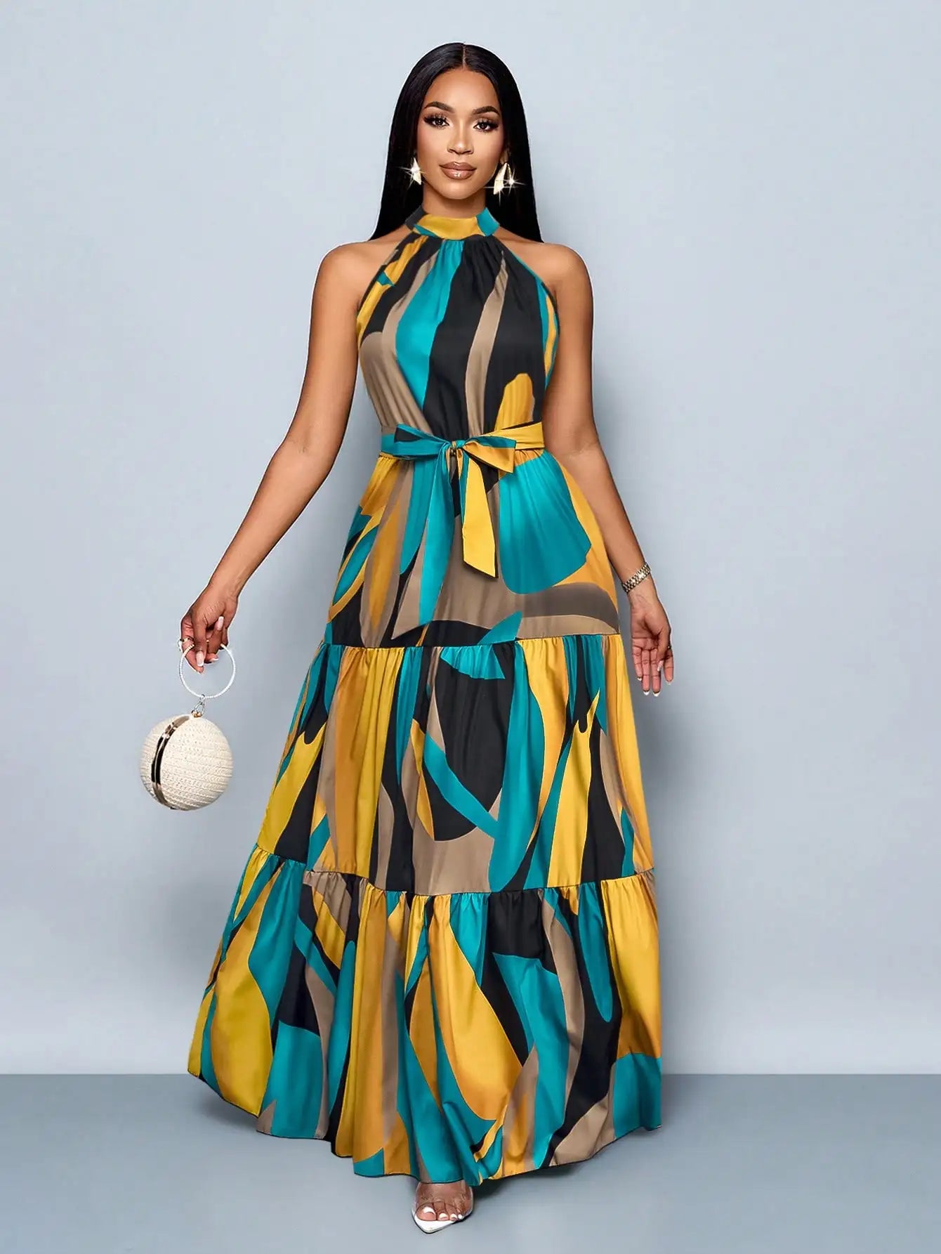 Women's Halter Neck Floral Print Tiered Maxi Dress With Belt Flowy Vacation Dress