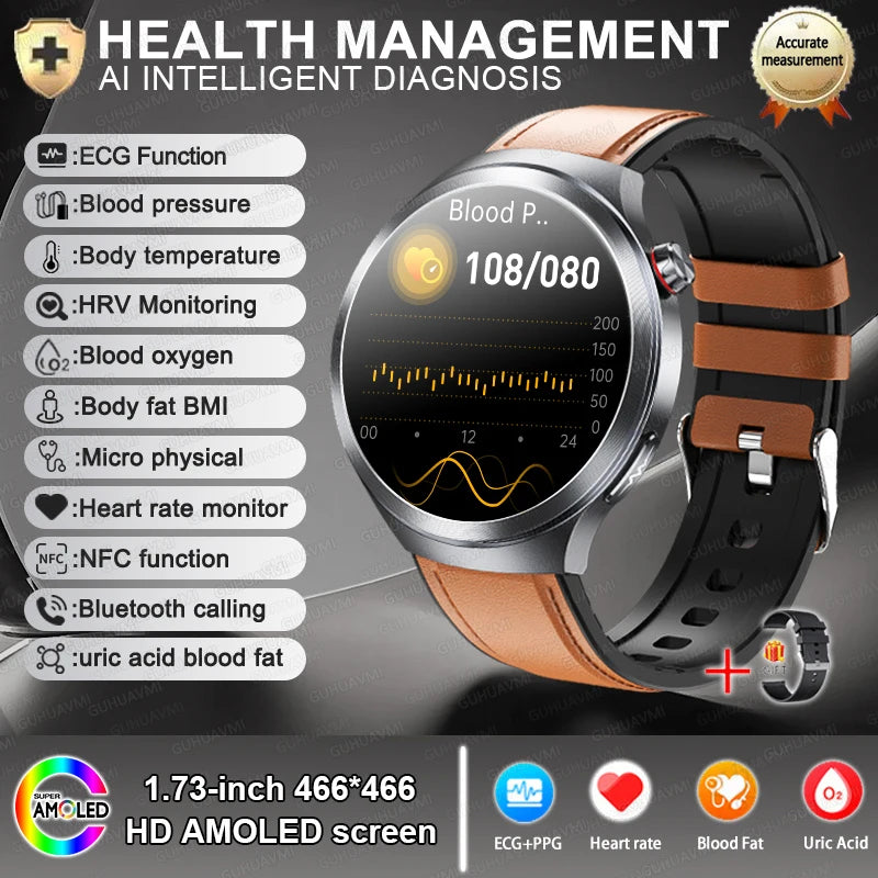 New For Health ECG+PPG Smart Watch Lipids Uric acid Blood Pressure Health 100+Sport HD Bluetooth
