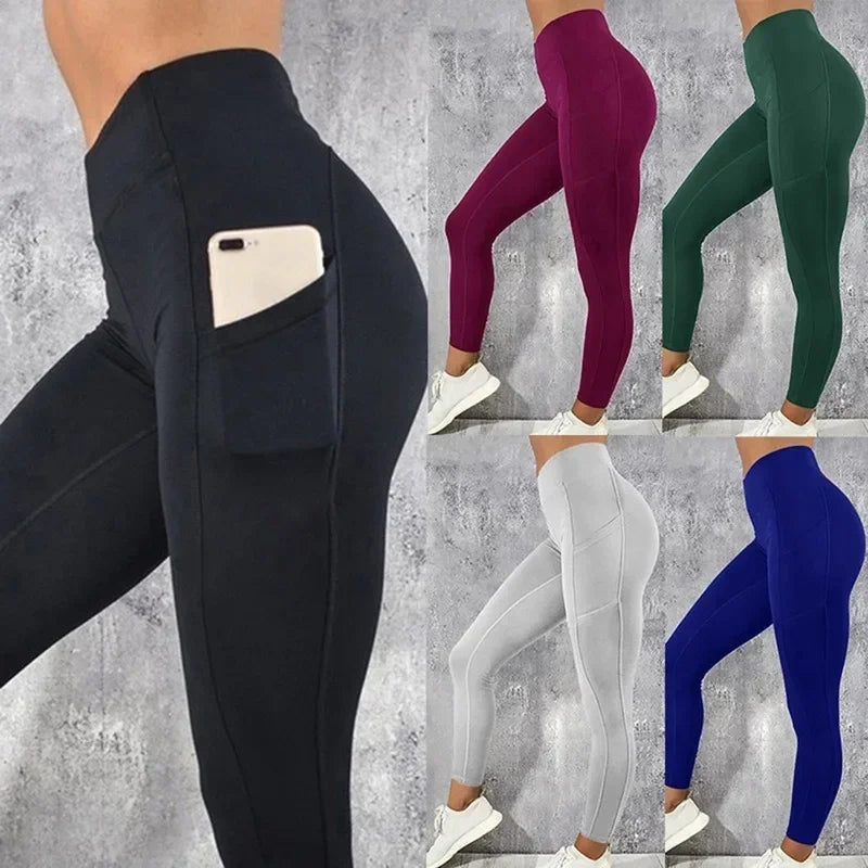 Yoga Fitness Women Leggings High Waist Tights with Pocket Workout Running Stretchy Butt Liftting Casual Skinny