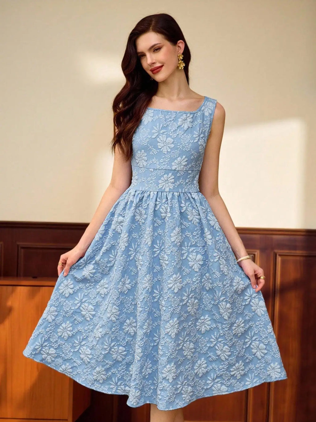 Light Blue Floral Textured Sleeveless Square Neck A-Line Midi Dress With Pockets
