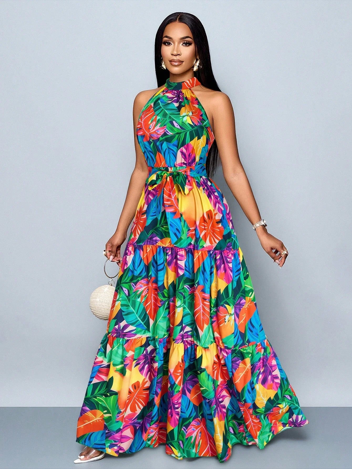 Women's Halter Neck Floral Print Tiered Maxi Dress With Belt Flowy Vacation Dress