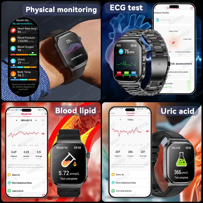 2026 New Accurate Measurement Health Smart Watch ECG+PPG Uric Acid Blood Pressure Blood Lipids BT Call Smartwatchs