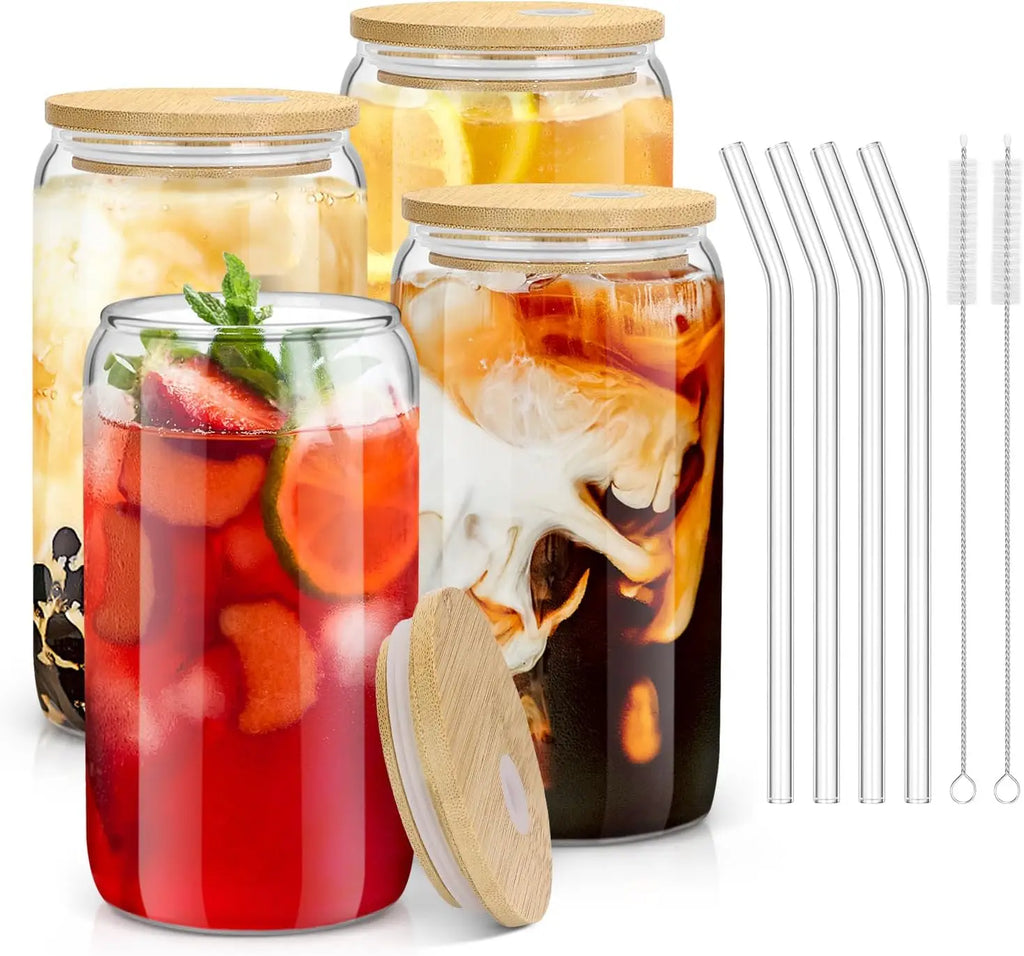Drinking Glasses with Bamboo Lids and Glass Straws