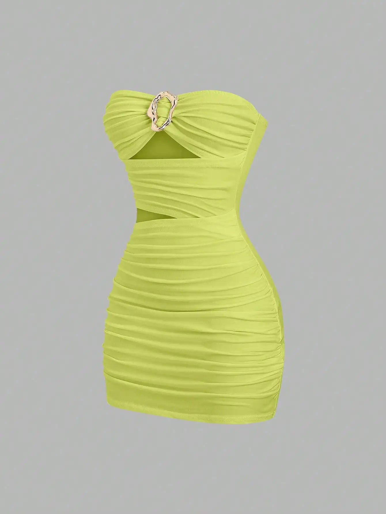 Ruched Strapless Mini Dress With Cutout Waist And Ornamental Metal Ring