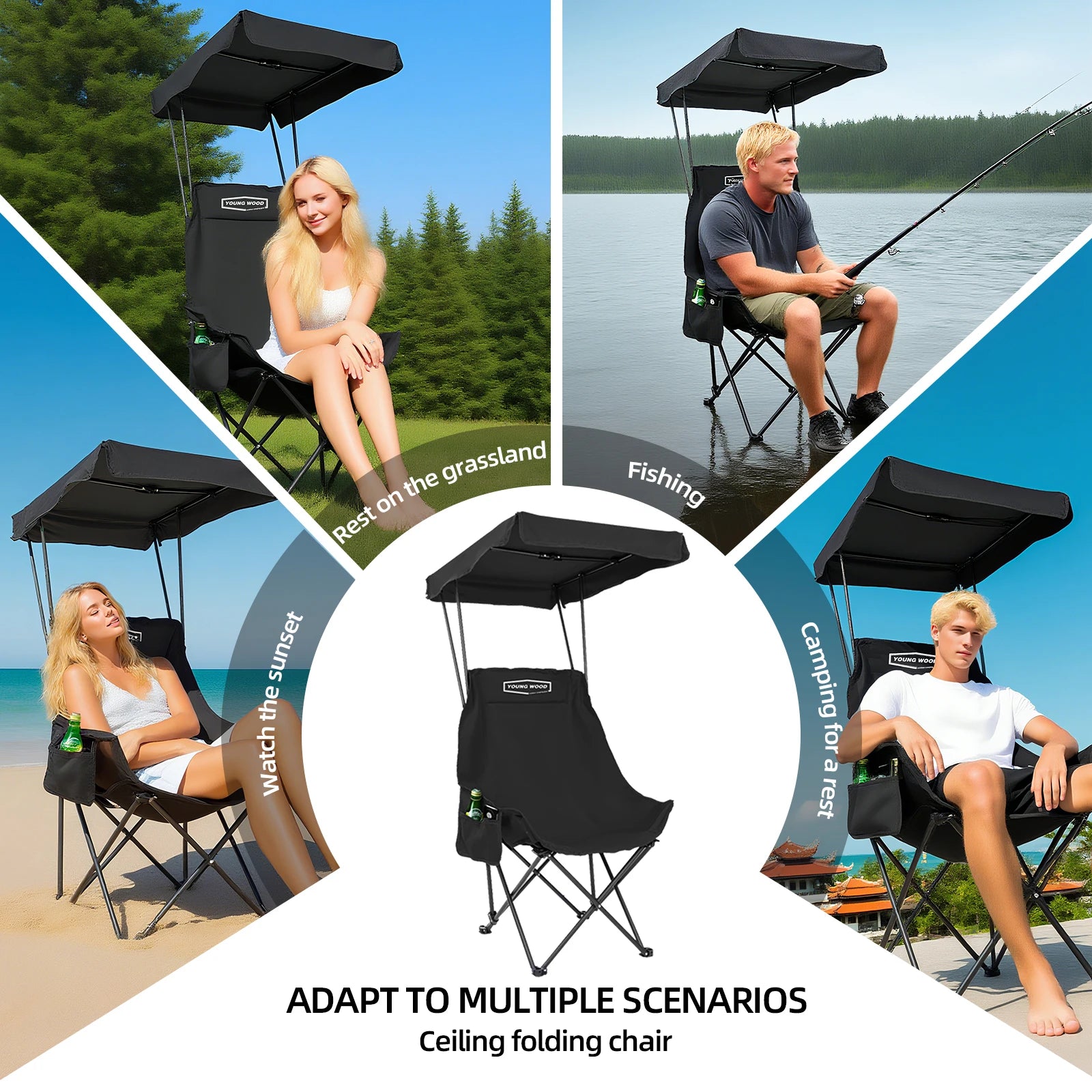 2PC Camping Chair Beach Chair With Shade Canopy YOUNG WOOD Portable , Fold Lightweight Oversized