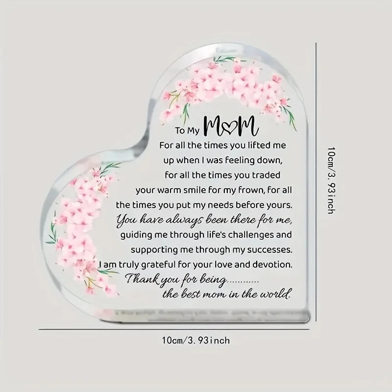 Heart-Shaped Acrylic Mom Appreciation Plaque With Floral Design Elegant Script Text Sentimental Thank You Gift For Mother