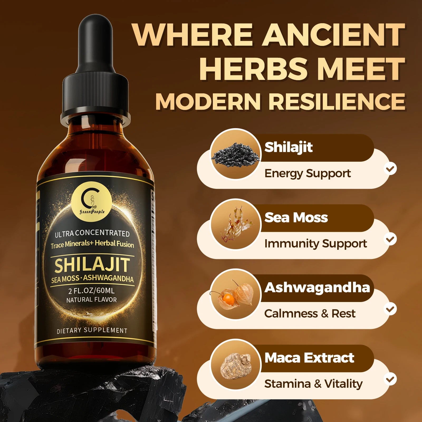Shilajit Liquid Drops with Sea Moss, Ashwagandha, Maca, Moringa