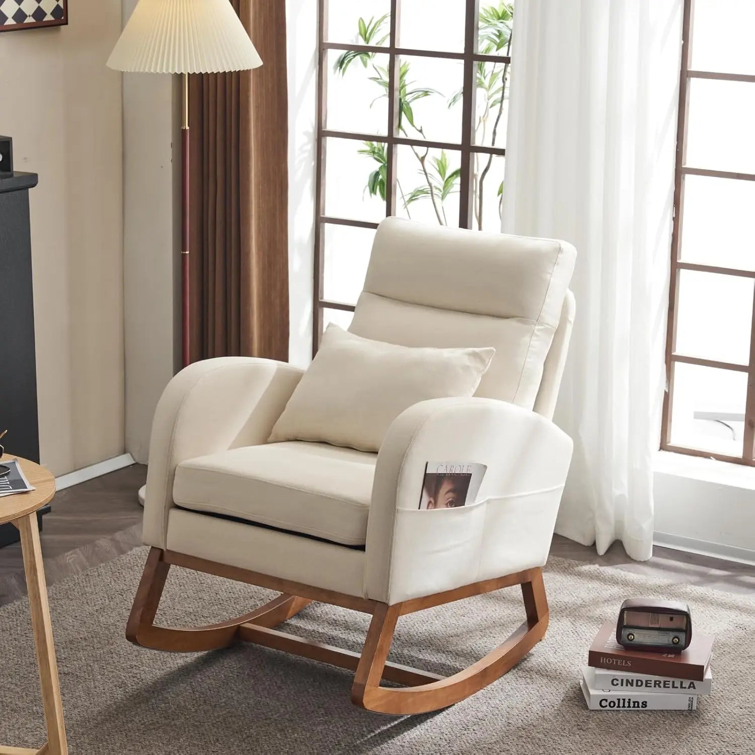 Olive Chenille Rocking Chair Nursery with Thick Headrest, Upholstered Mid-Century Modern Nursing Rocker
