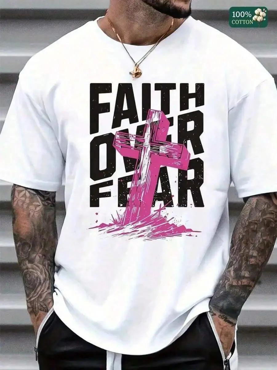 Cotton Unisex Round Neck Short - Sleeve 'Faith Over Fear' Graphic T - ShirtSoft Fabric ,Graphic Tees