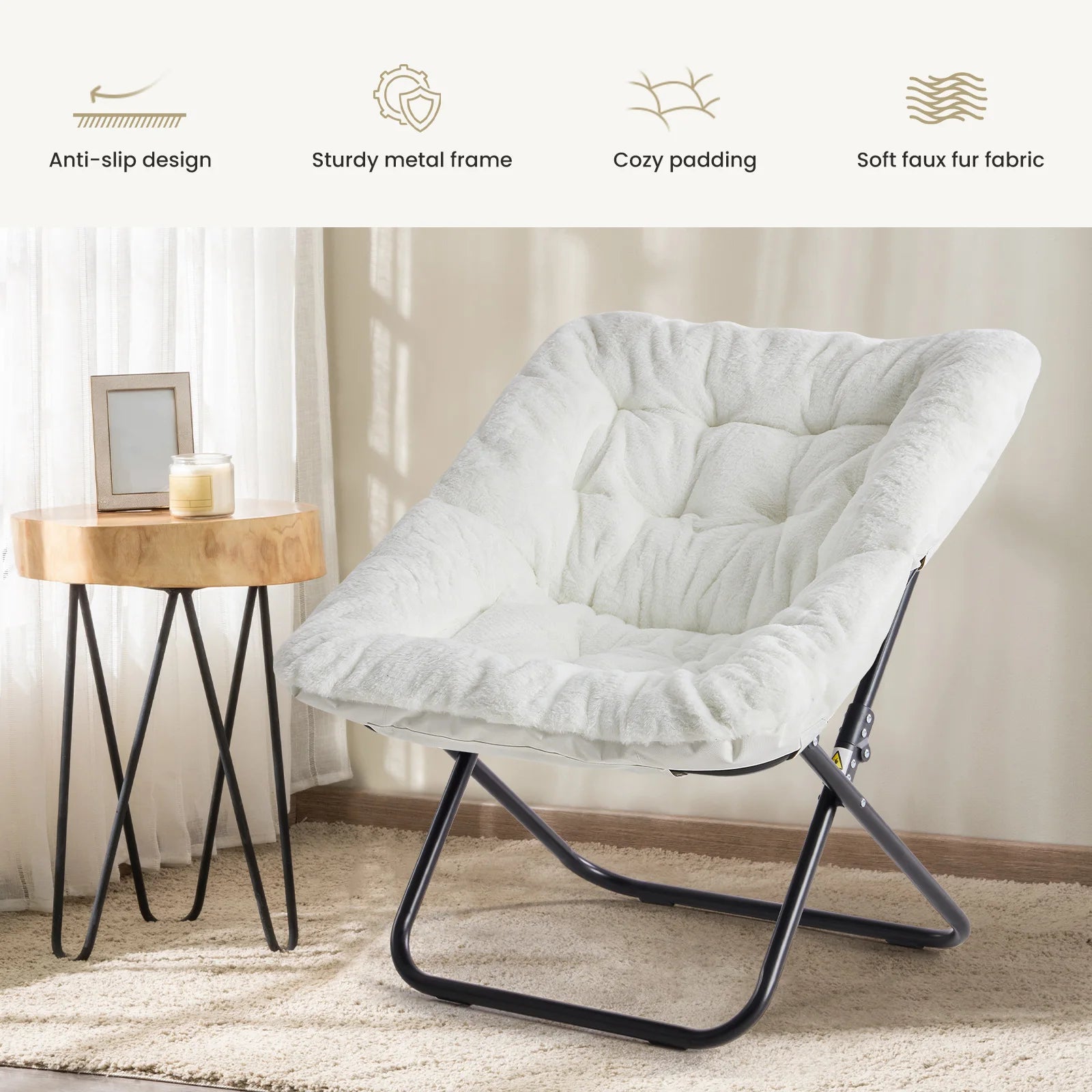 Cozy Saucer Chairs Soft Faux Fur Large Size Folding Lounge Living Room Padded Seat