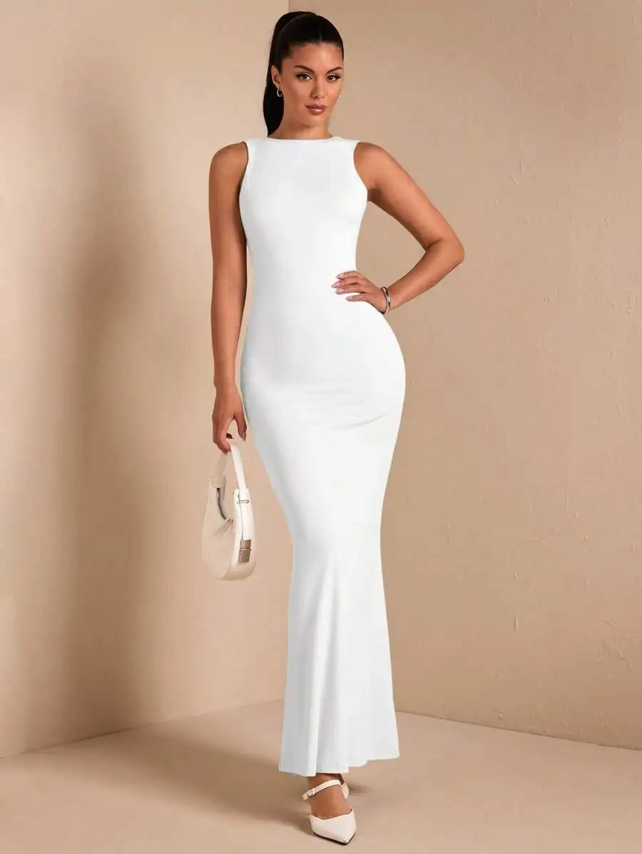 Cream Backless Sleeveless Maxi Dress with Ruched Detail for Evening Events