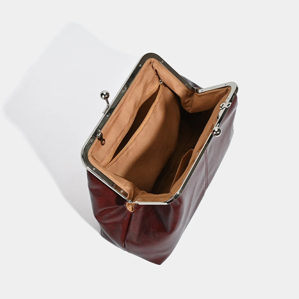 Leather Solid Color Shoulder Bag with Adjustable Strap Elegant Kiss Lock Shoulder Bag