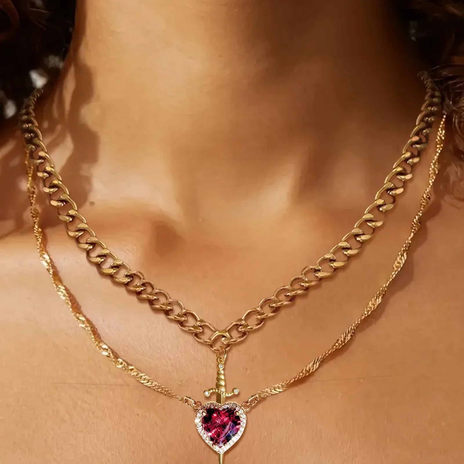 Heart and Sword Zircon Pendant Necklace for Women Men Couple Silver Gold Plated Choker Chain Jewelry