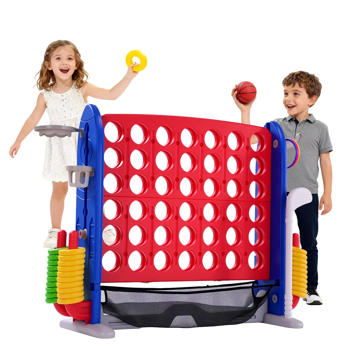 4-in-1 Giant Connect Game Set Adjustable Height, Basketball Hoop, Ring Toss and Net Jumbo Outdoor