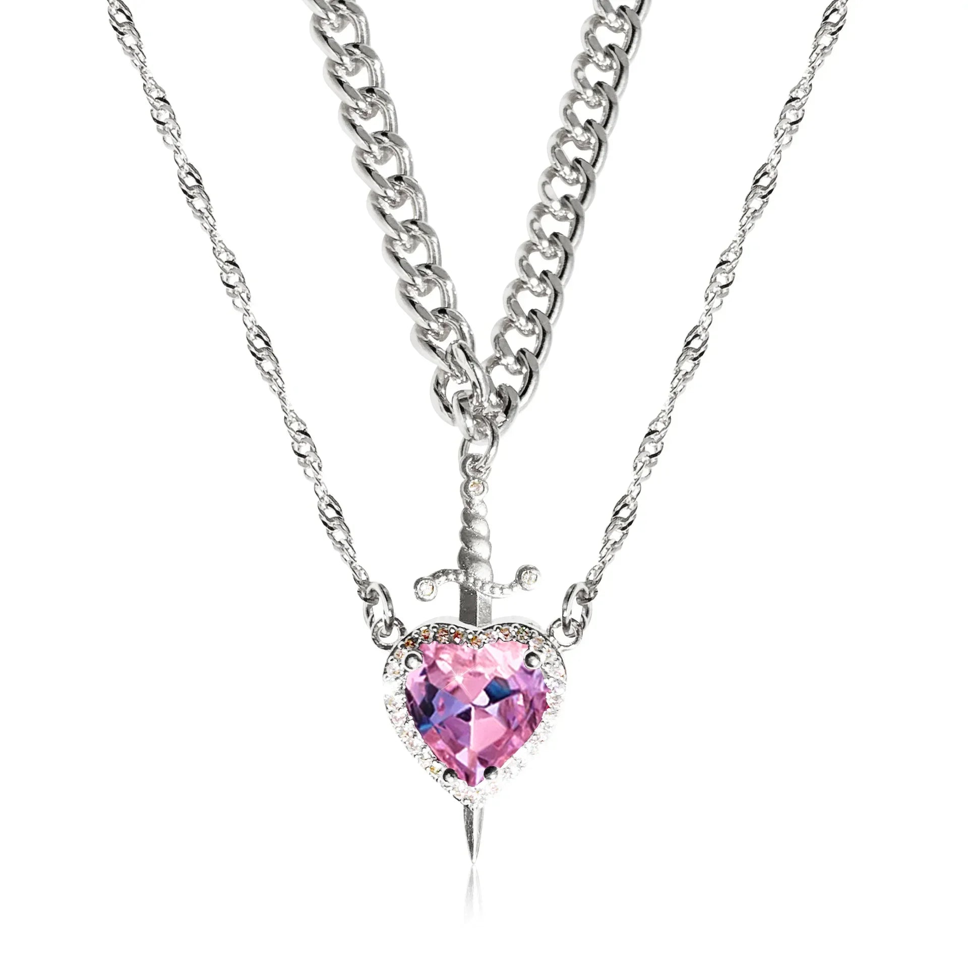 Heart and Sword Zircon Pendant Necklace for Women Men Couple Silver Gold Plated Choker Chain Jewelry