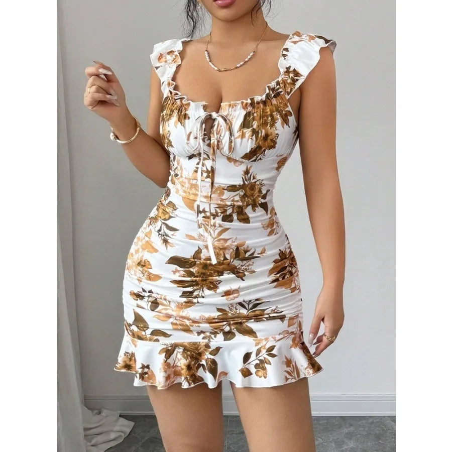French summer - flower printing and dyeing dress retro waist slim short skirt