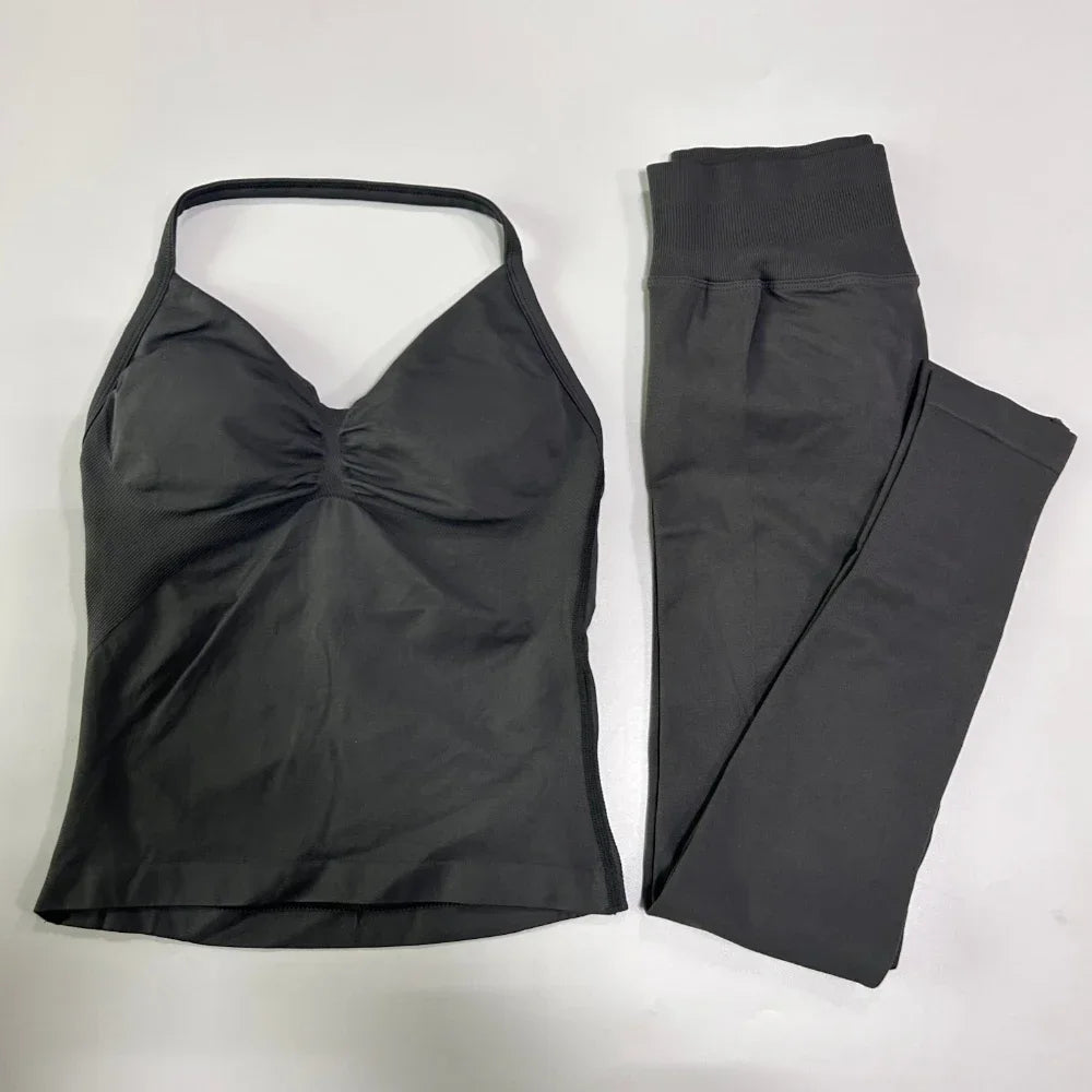 No Logo Seamless Gym Set Women Tank Tops High Waist Yoga Leggings Fitness Clothes Workout Sets Gym Suit Activewear