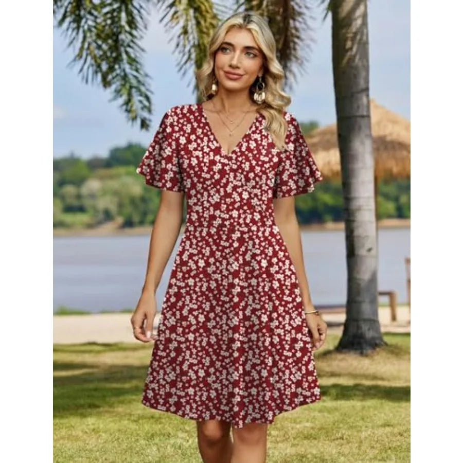 Summer Dresses Wrap V Neck Dress Floral A-Line Ruffle Sleeve Casual Sundress with Pockets